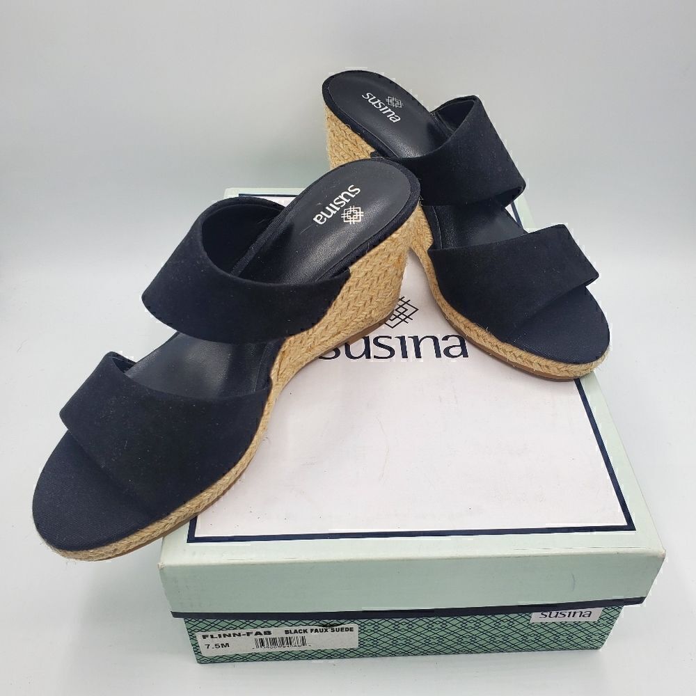 Susina Flynn Fab Black Wedges Espadrille Braided Wedge Heels Size 7.5 New